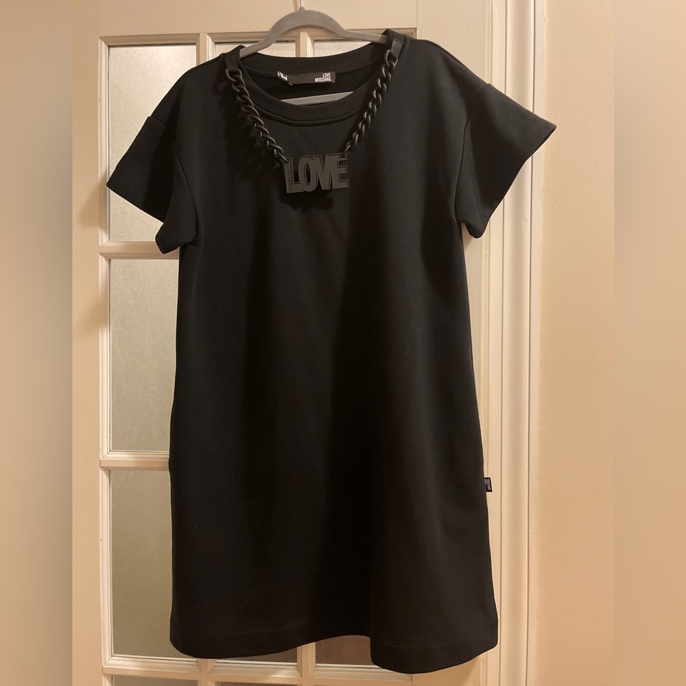 LOVE MOSCHINO Chic Black Dress with Statement Necklace, size usa 10